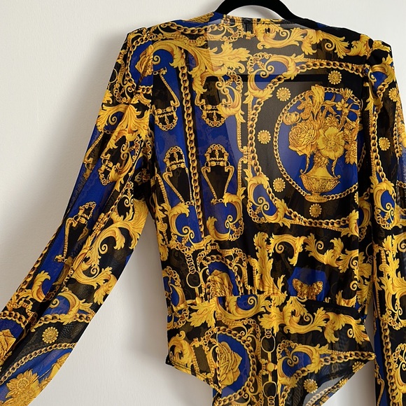 Vintage Sheer Baroque Patterned Deep V-Neck Padded Shoulder Bodysuit Blouse - Picture 7 of 8